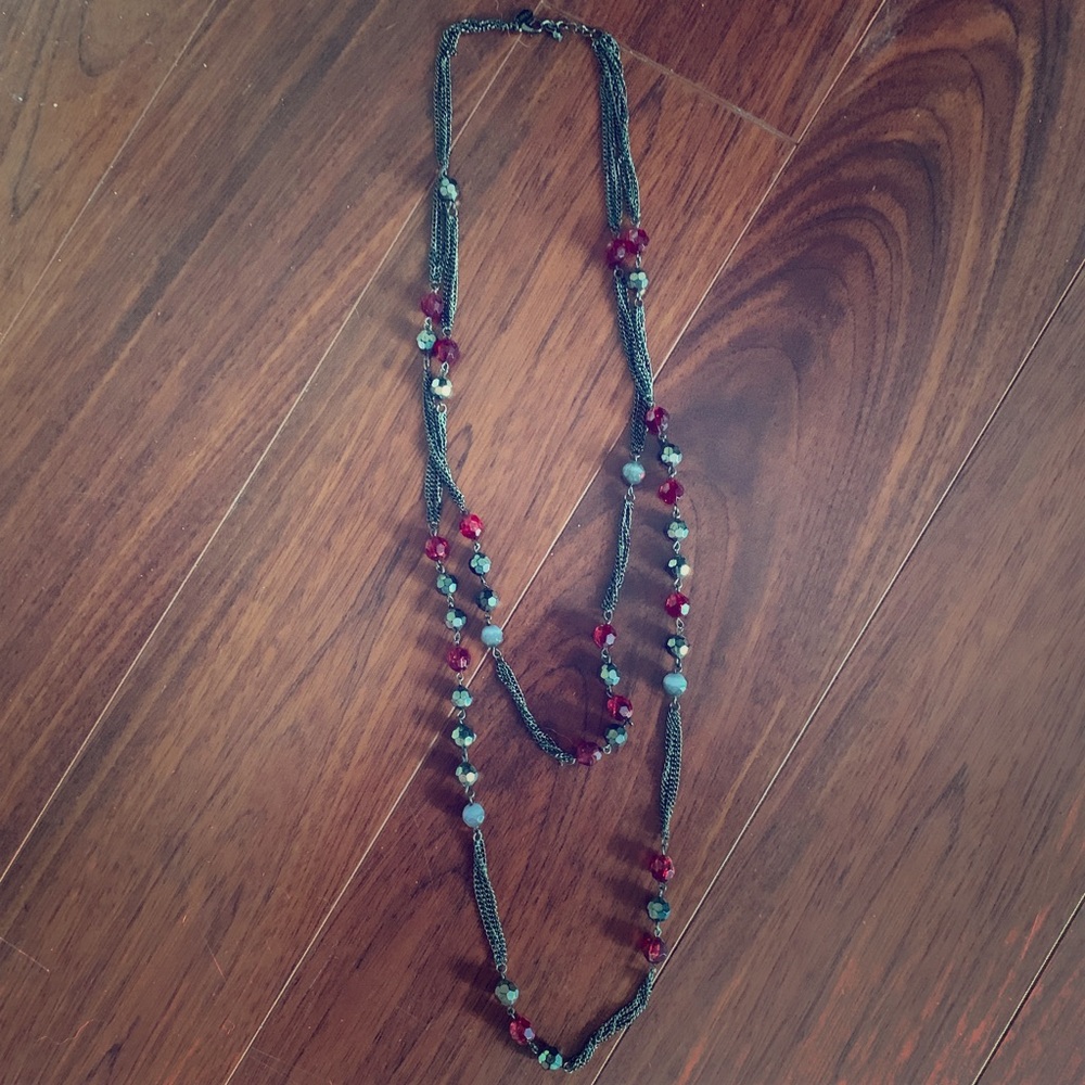 Express long beaded red gunmetal fashion necklace